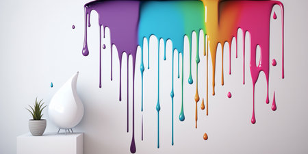 Abstract 3d design background of multicolored paint flowing down a white wall. Dripping colorful liquid. digital art. created with aiの素材
