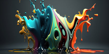 Abstract 3d render background of multicolored paint. Splash of multicolored paint. Splatter of bright liquid. digital art. created with aiの素材