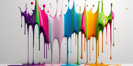 Abstract 3d design background of multicolored paint flowing down a white wall. Dripping colorful liquid. digital art. created with aiの素材