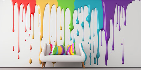 Abstract 3d design background of multicolored paint flowing down a white wall. Dripping colorful liquid. digital art. created with aiの素材