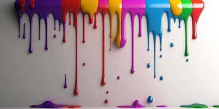 Abstract 3d design background of multicolored paint flowing down a white wall. Dripping colorful liquid. digital art. created with aiの素材
