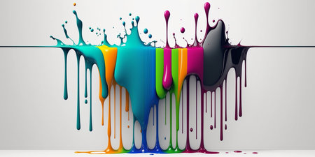 Abstract 3d design background of multicolored paint flowing down a white wall. Dripping colorful liquid. digital art. created with aiの素材