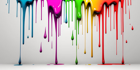 Abstract 3d design background of multicolored paint flowing down a white wall. Dripping colorful liquid. digital art. created with aiの素材