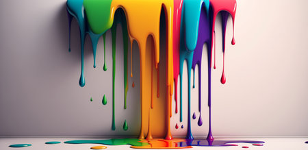 Abstract 3d design background of multicolored paint flowing down a white wall. Dripping colorful liquid. digital art. created with aiの素材