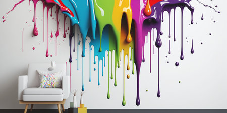 Abstract 3d design background of multicolored paint flowing down a white wall. Dripping colorful liquid. digital art. created with aiの素材