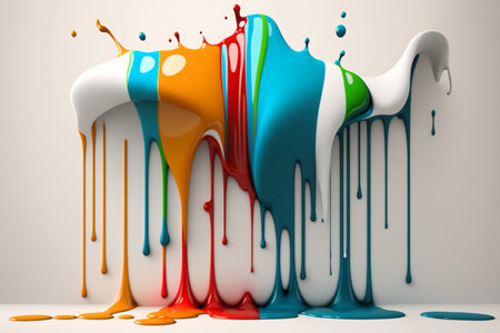 Abstract 3d design background of multicolored paint flowing down a white wall. Dripping colorful liquid. digital art. created with aiの素材