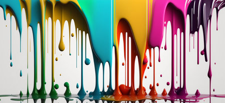 Abstract 3d design background of multicolored paint flowing down a white wall. Dripping colorful liquid. digital art. created with aiの素材