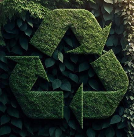 Green recycling icon, symbol on foliage background. Eco friendly recycling concept. ai generatedの素材
