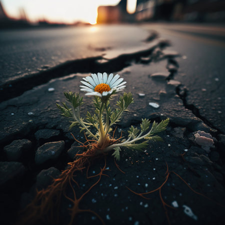 Chamomile grows from asphalt. ai generatedの素材