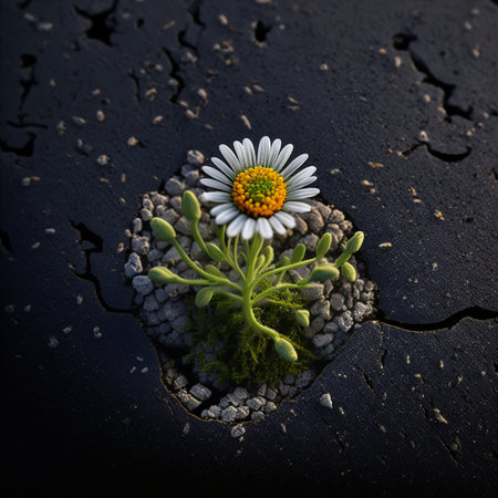 Chamomile grows from asphalt. ai generatedの素材