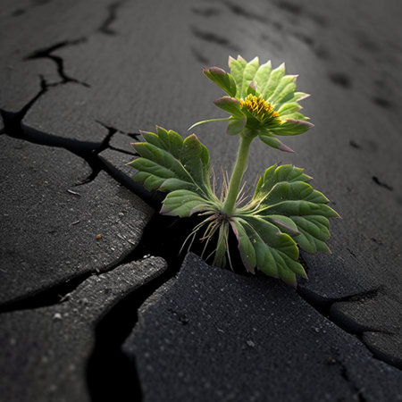 Green sprout growing from crack in the ground. concept imageの素材