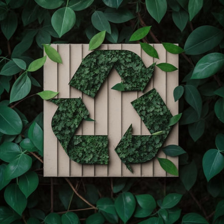 Green recycling icon framed, symbol on foliage background. Eco friendly recycling concept. ai generatedの素材