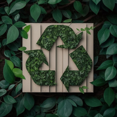 Green recycling icon framed, symbol on foliage background. Eco friendly recycling concept. ai generatedの素材