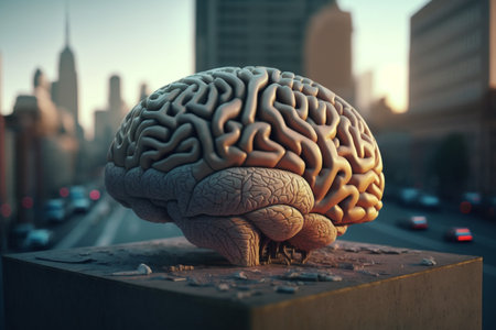 Human brain on the background of the city. 3D rendering.の素材