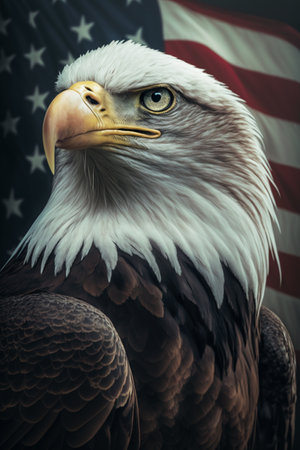American bald eagle on the background of the flag of the United States of America. Patriotic illustration of USA symbolの素材