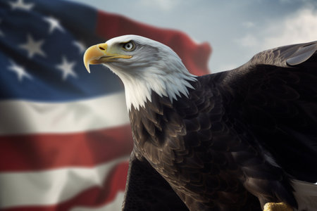 American Bald Eagle flies near the flag of the United States of America. Patriotic illustration of USA symbolの素材