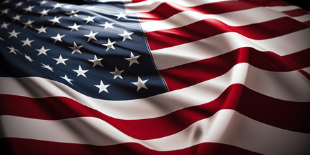 Closeup of American Flag, United States of America waving in the windの素材
