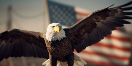 American Bald Eagle flies near the flag of the United States of America. Patriotic illustration of USA symbolの素材