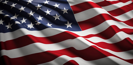 Closeup of American Flag, United States of America waving in the windの素材