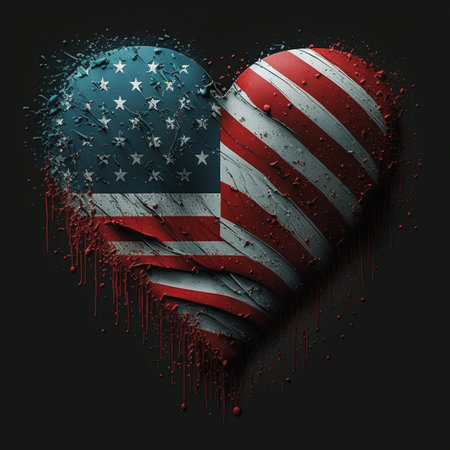 American flag painted in the shape of a heart with splashes of paint on a dark backgroundの素材