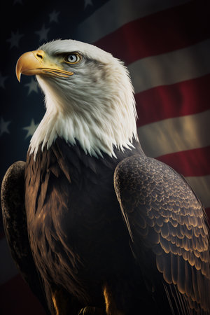 American bald eagle on the background of the flag of the United States. Patriotic illustration of USA symbolの素材