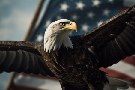 An American Bald Eagle flies near the flag of the United States. Patriotic illustration of USA symbolの素材