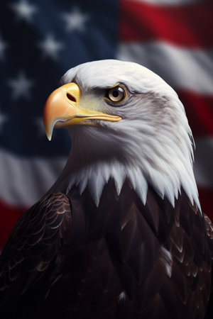 American bald eagle on the background of the flag of the United States of America. Patriotic illustration of USA symbolの素材