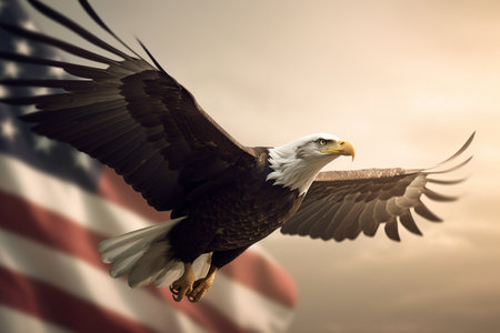 Bald Eagle flying in front of the United States Flag. 3D rendering. Patriotic illustration of USA symbolの素材