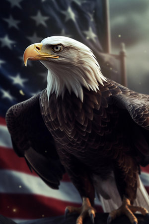 Bald Eagle on the background of the American Flag. The concept of freedom and patriotism. Patriotic illustration of USA symbolの素材