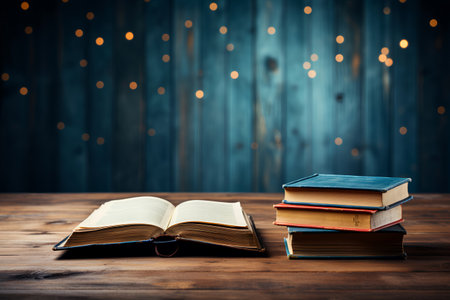 Open book on the table against the background of a blue wooden wallの素材