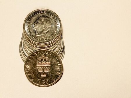 A pile of Swedish coins worth one crownの写真素材