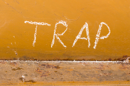 Word trap handwriting with white chalk on old orange metal background with a fly trapped in spider web in the cornerの写真素材