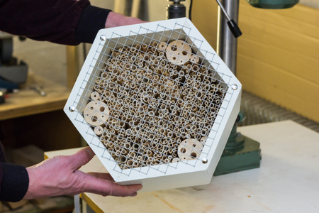 Hands of a man holding a ready made white wooden insect house, filled with reed pipes and covered with a silver metal net against workshop backgroundの写真素材