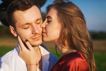 close up portrait of in love couple celebrating honeymoonの写真素材