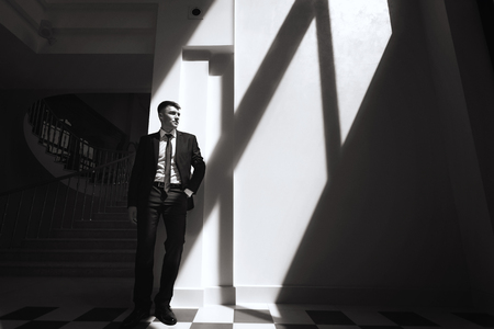 monochrome portrait of handsome man in suitの写真素材
