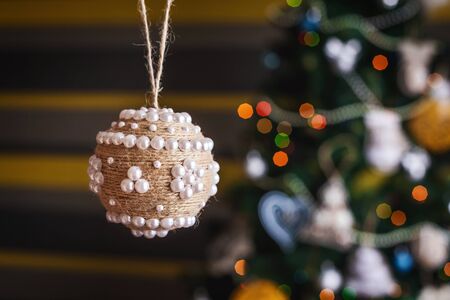 beauty Christmas ball and tree background and Christmas decorations with toys, sparking, glowing. Happy New Year and Xmas themeの写真素材
