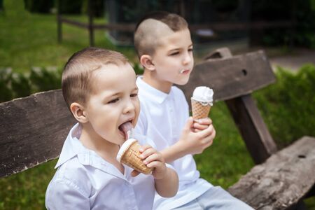 cute kid brothers eating ice cream sitting on a wooden bench in the park. fun holiday conceptの写真素材