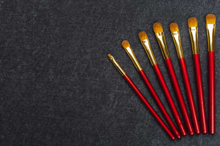 kit of makeup brushes in red coatingの写真素材