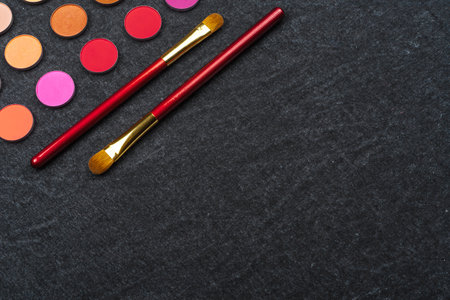 eye shadows and two brusheson gray backgroundの写真素材