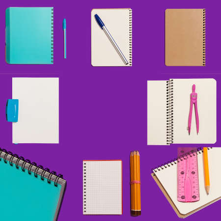 stationery on purple background.の写真素材