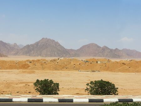 Road, bushes, desert and mountains in the backgroundの写真素材