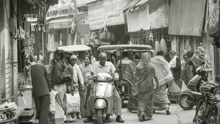 Transport and people on the roads of India. India, Vrindavan, November 2016のeditorial素材