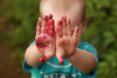 Portrait of a baby face dirty from blueberriesの写真素材