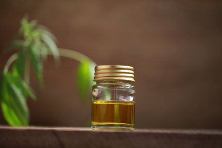 A cannabis leaf and a bottle of hemp oil on a wooden tableの写真素材