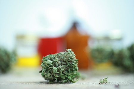 Green leaves of medicinal cannabis with extract oil on a wooden table. alternative medicineの写真素材