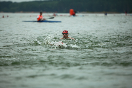 Belarus, Minsk, July 22, 2018: athletes participants swimming competitions Minsk Triathlonのeditorial素材