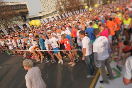 Belarus, Minsk, September 2018: athletes and fans of the Minsk half marathon start finishのeditorial素材