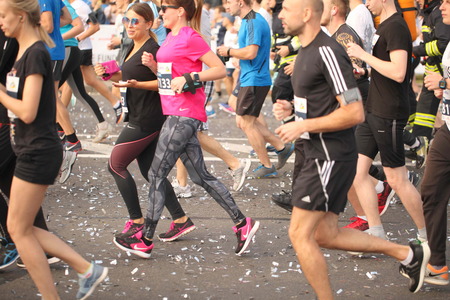 Belarus, Minsk, September 2018: athletes and fans of the Minsk half marathon start finish