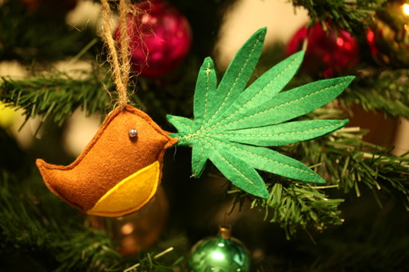 handmade toy on the Christmas tree. cannabis leaf in the bird's beak. Cannabis marijuana new year entertainmentの写真素材
