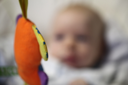 Newborn funny baby  lies playing toys  in the cradle against the Christmas treeの写真素材